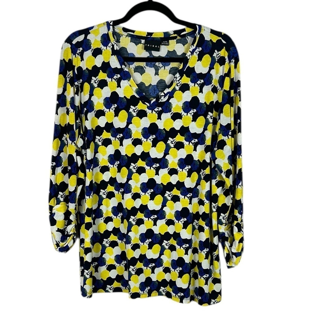 Tribal Classic Floral 3/4 Sleeve Cinched Cuff V Neck Tunic Top XL Yellow Blue